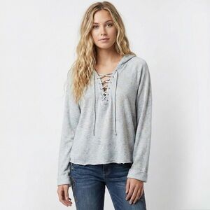 Anthropologie Maronie Lace Up Hoodie L Gray Boho Pullover Sweatshirt NWOT Casual